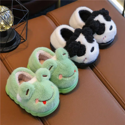 Green frog plush slippers for kids with big smile and chunky sole