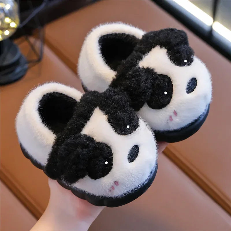 Pair of fluffy panda plush slippers with chunky cushioned sole