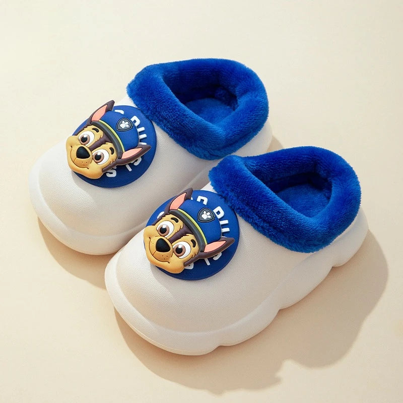 White kids clog slippers with navy plush lining and puppy badge