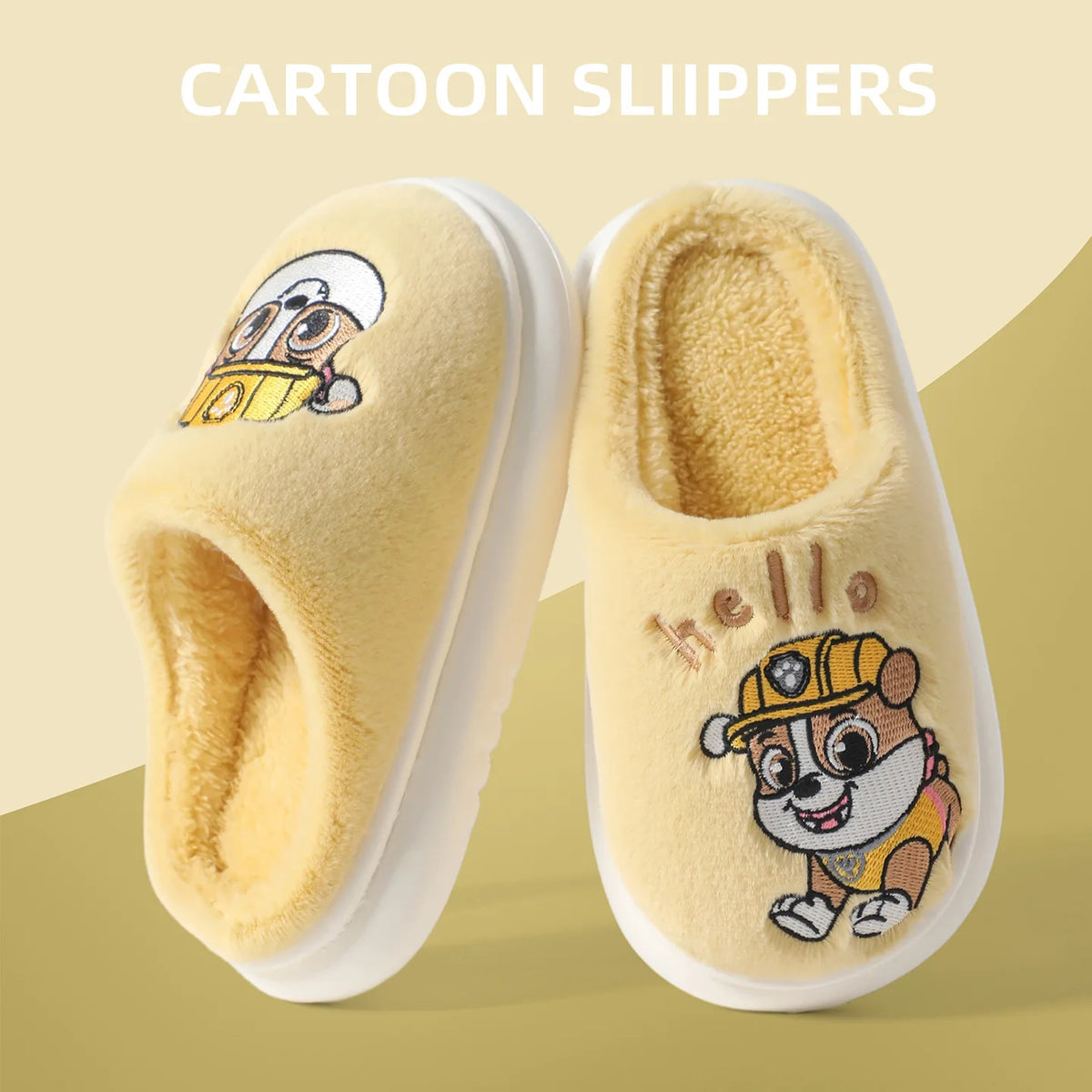 Butter yellow kids plush slide slippers with embroidered puppy