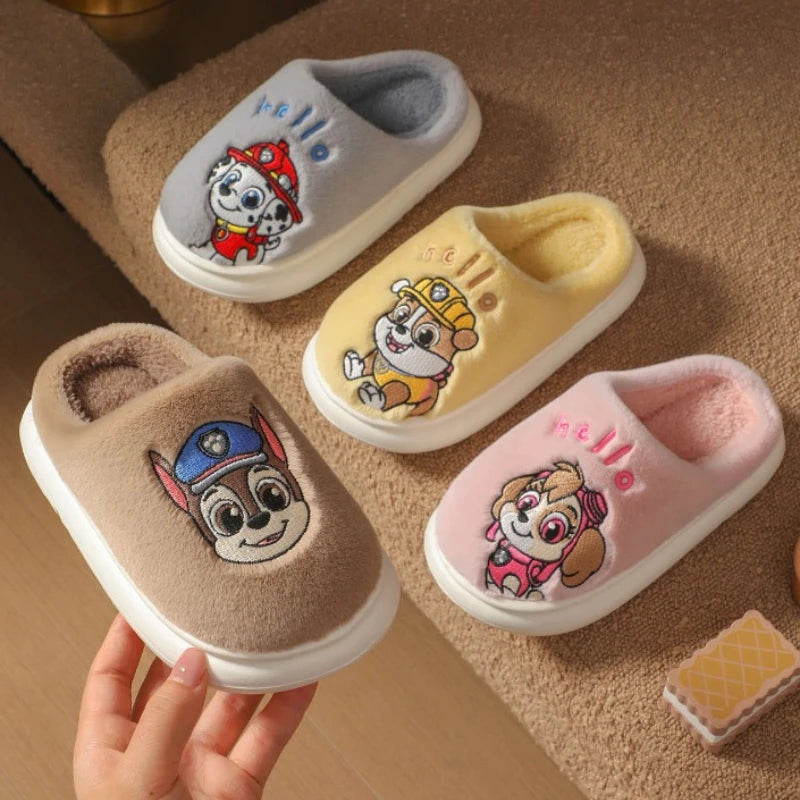 Kids plush slide slippers with embroidered cartoon puppy in brown, gray, yellow and pink
