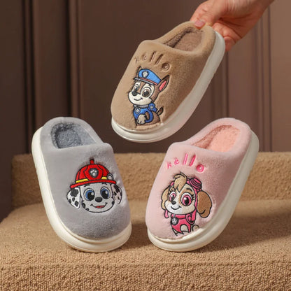 Gray and pink kids plush slide slippers with cartoon puppy embroidery