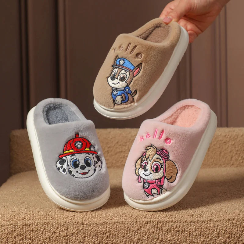 Gray and pink kids plush slide slippers with cartoon puppy embroidery