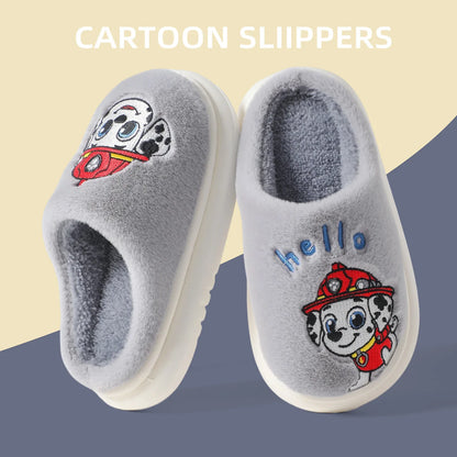 Gray kids plush slide slippers with embroidered cartoon puppy