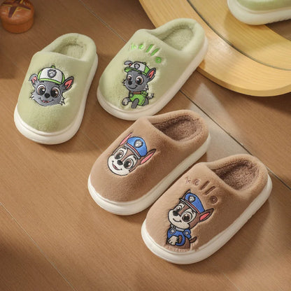 Sage green and gray kids plush slide slippers with embroidered puppy