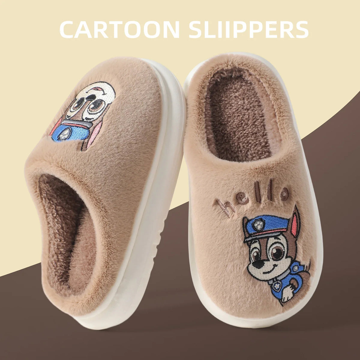 Mocha brown kids plush slide slippers with embroidered puppy