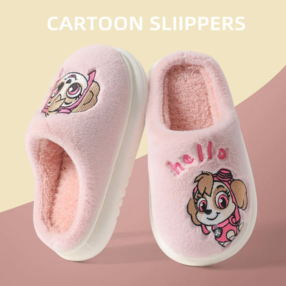 Pink kids plush slide slippers with embroidered cartoon puppy