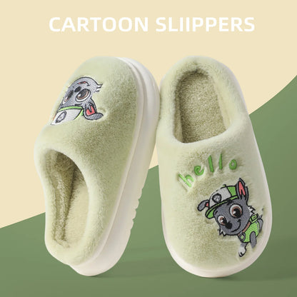 Sage green kids plush slide slippers with embroidered puppy