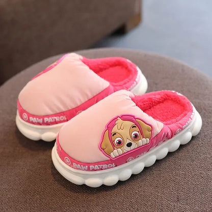 Pink kids puffer slide slippers with fleece lining and puppy patch