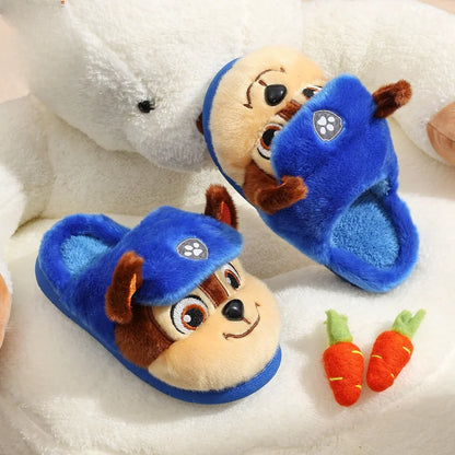 Close-up of fluffy blue kids puppy slipper with plush lining