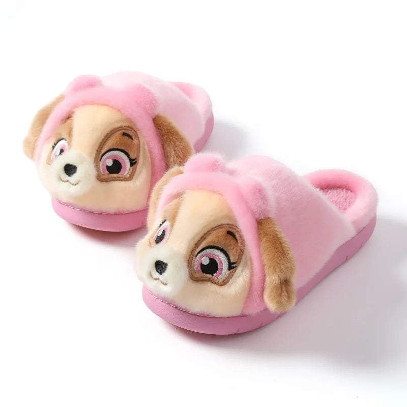Pink kids 3D puppy plush slide slippers side view