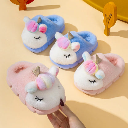 Kids unicorn cloud slippers with rainbow pom-pom mane in pink and blue