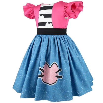 Knee-length rose-red girls' party dress with kitty ears for birthdays
