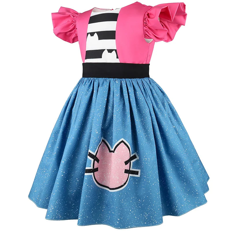 Knee-length rose-red girls' party dress with kitty ears for birthdays