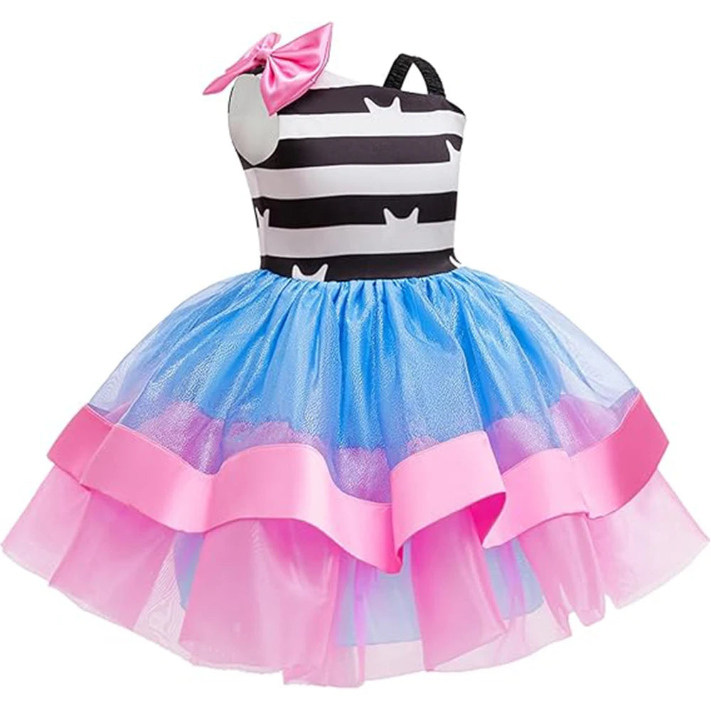 Sleeveless square-collar kitty stripe party dress for little girls