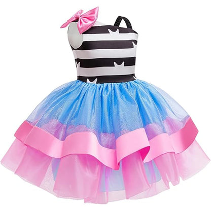 Sleeveless square-collar kitty stripe party dress for little girls