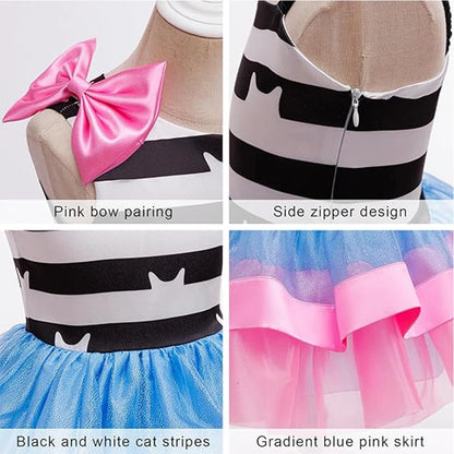 Puffy tutu princess dress with playful kitty stripe print