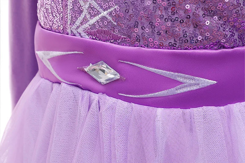 Close-up of snowflake details on lilac princess gown