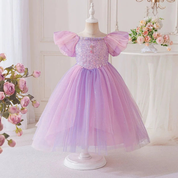 Lilac Tower princess dress with puff sleeves and full purple ball-gown skirt