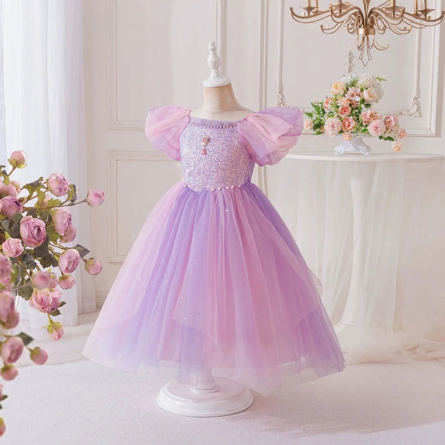 Close-up of embroidered bodice detail on lilac princess costume dress