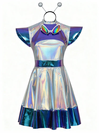 Girl wearing a shiny metallic purple and blue alien costume dress with sparkly antenna headband and rainbow-lens sunglasses from Magic Tree Kids