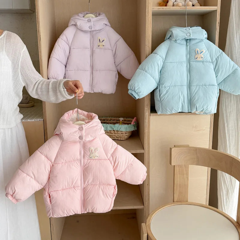 Little Bunny hooded puffer jacket for girls in pink with cute rabbit embroidery by Magic Tree Kids