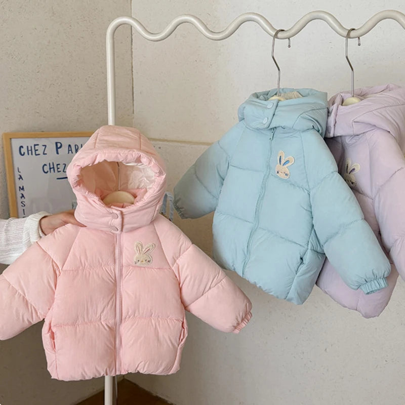 Purple hooded bunny puffer coat for toddler girls, warm and quilted