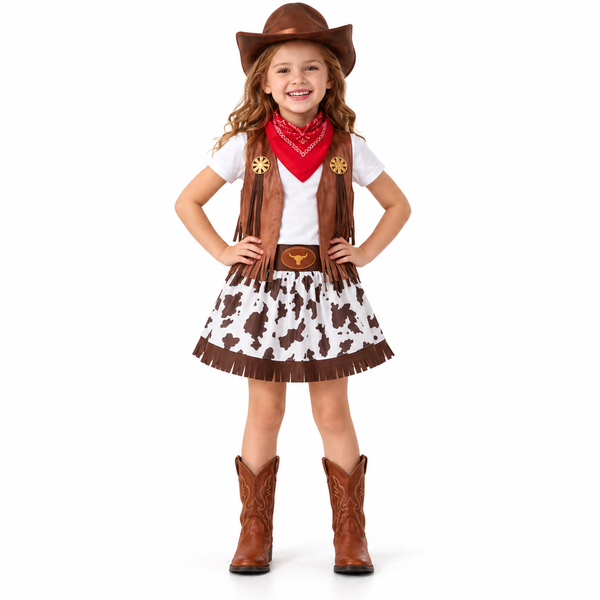 Little girls' western cowgirl dress-up set in warm brown with cow-print dress, fringed vest and cowboy hat by Magic Tree Kids