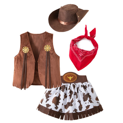 Brown cowgirl costume for girls featuring fringe trim, red bandana and classic cowboy hat for wild west pretend play