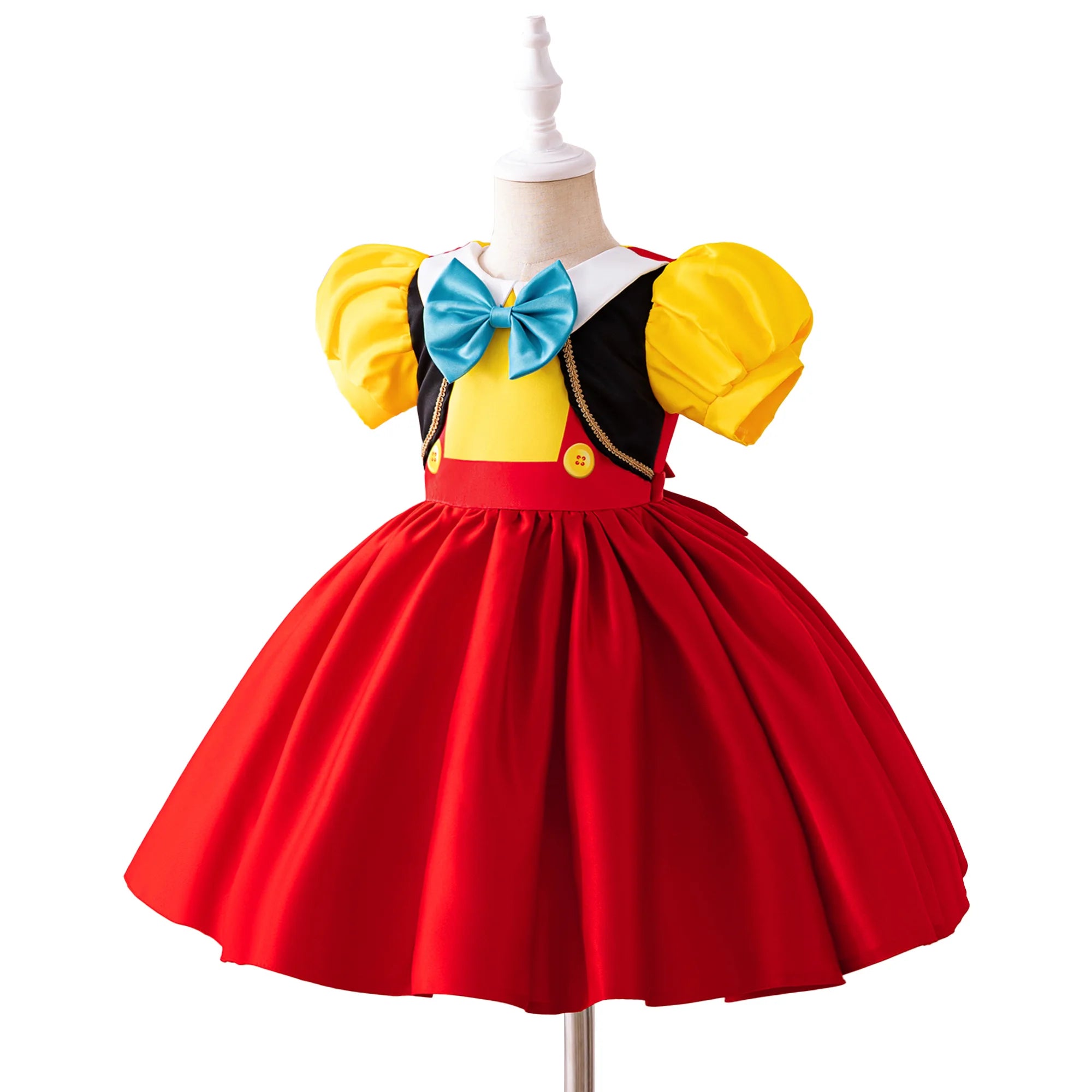 Knee-length ball-gown costume dress with cheerful storybook character styling