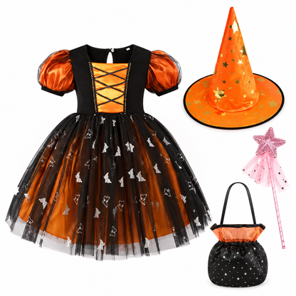 Orange Halloween witch costume dress with square neckline for girls