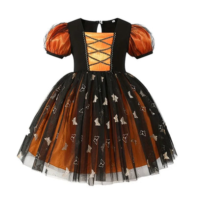 Girls' pumpkin-orange mesh princess dress for Halloween parties and parades