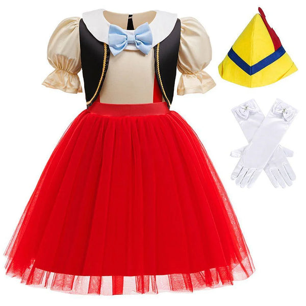 Girl wearing red tulle puppet storybook costume set with vest and hat by Magic Tree Kids