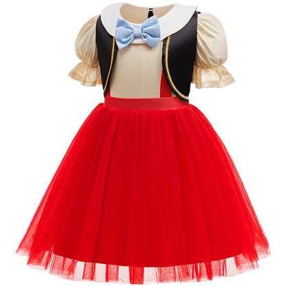 Puppet-inspired red dress with vest and matching hat for girls' dress-up