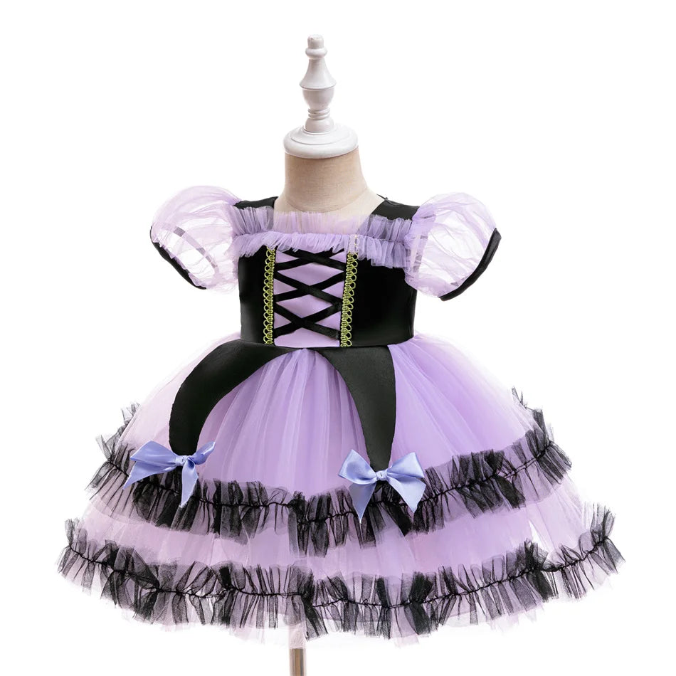 Little Purple Witch Halloween dress with bow detail and full skirt by Magic Tree Kids