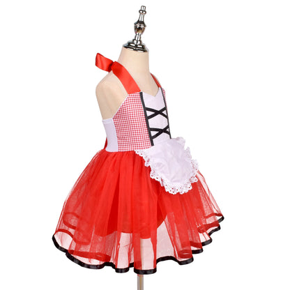 Girl wearing red hooded cape and twirl skirt fairytale costume