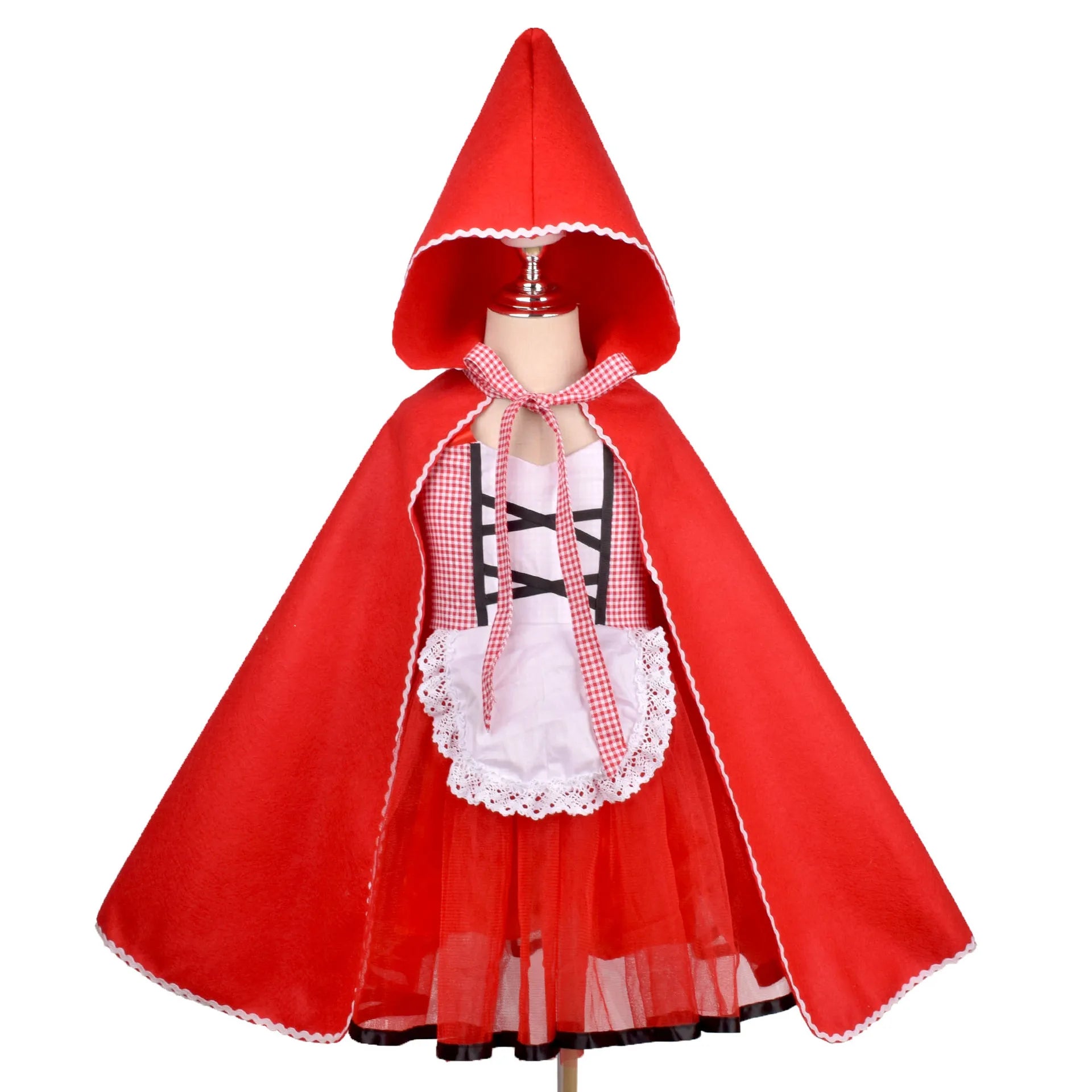 Front view of red storybook dress with cape for kids' stage performance