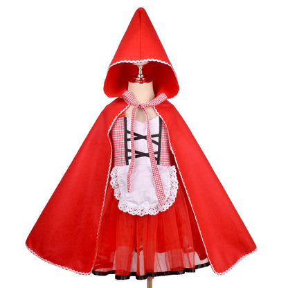 Front view of red storybook dress with cape for kids' stage performance