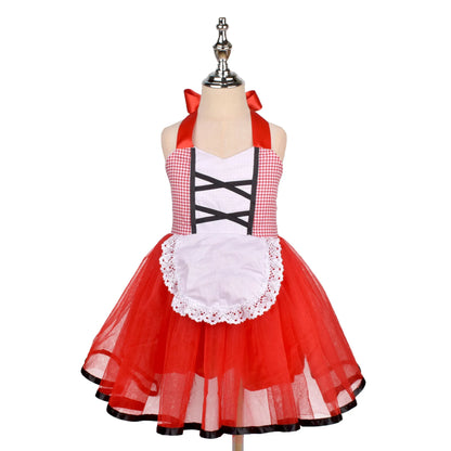 Close-up of the red hood and dainty trims on the girls' costume dress