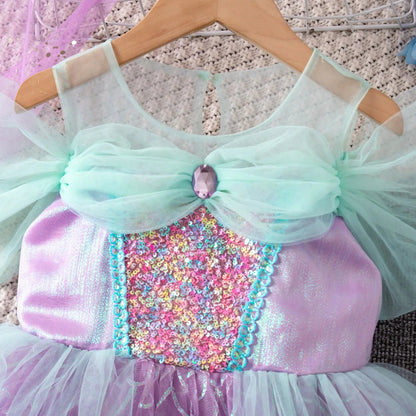 Ocean-inspired mermaid dress-up costume with puff sleeves for girls