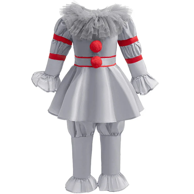 Playful clown-inspired Halloween costume jumpsuit for children