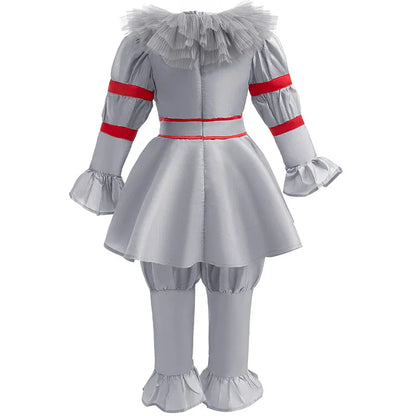 Whimsical trickster clown costume for toddlers, front view