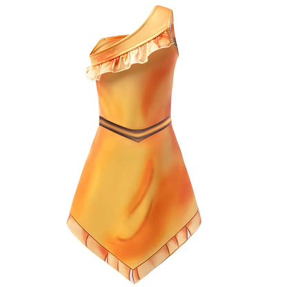 Girls' adventure princess dress with asymmetrical neckline and appliqué details