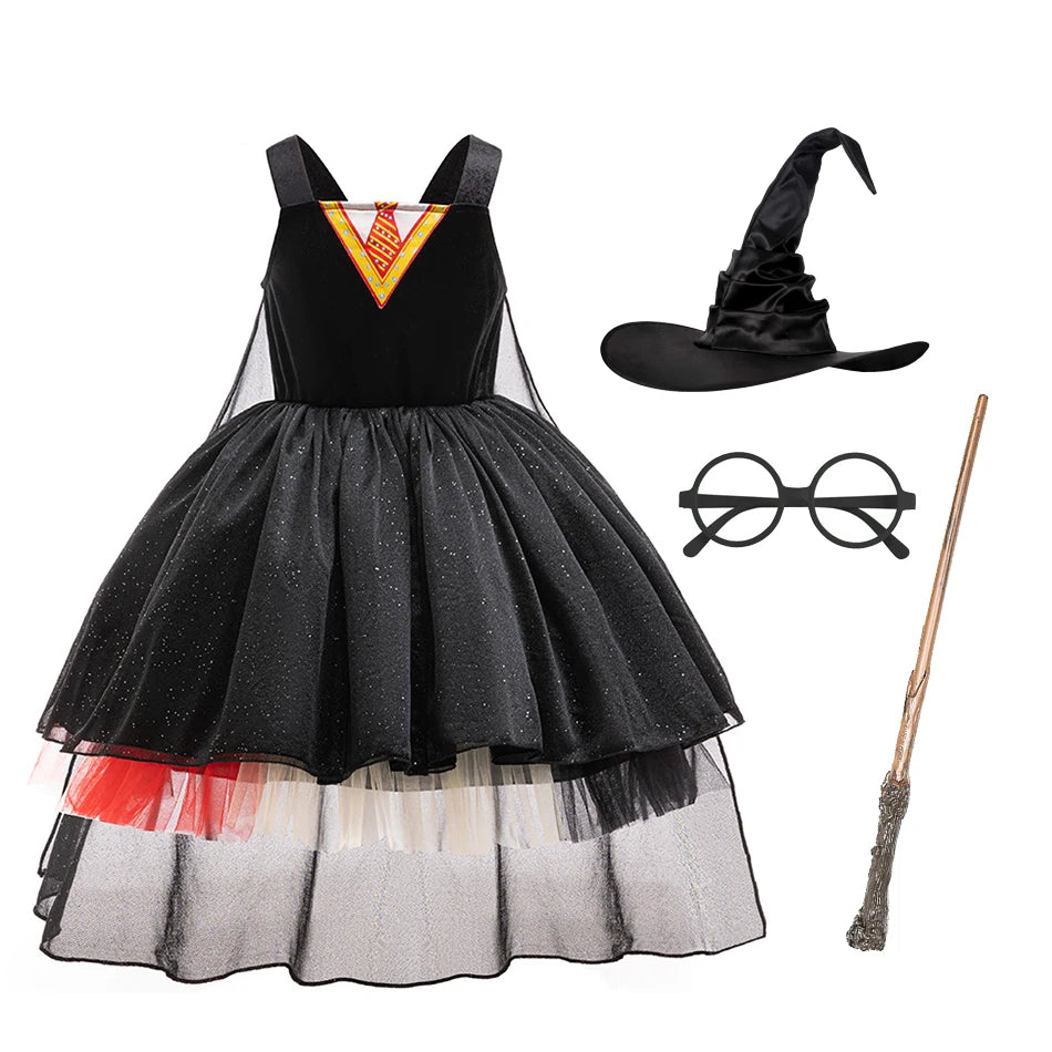 Complete little wizard dress-up set with dress, cloak, hat and wand