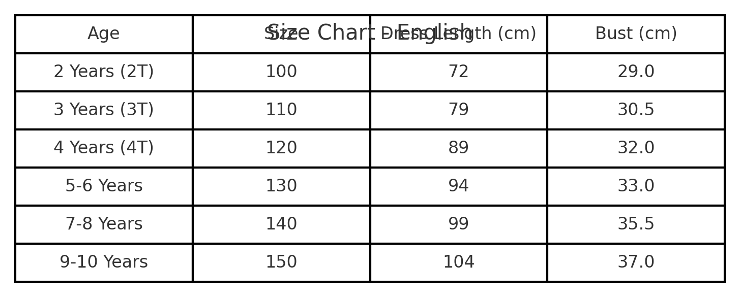 Long sleeve Mermaid princess costume size chart with age, height in cm, US and EU sizes – Magic Tree Kids