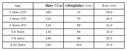 Long sleeve Mermaid princess costume size chart with age, height in cm, US and EU sizes – Magic Tree Kids