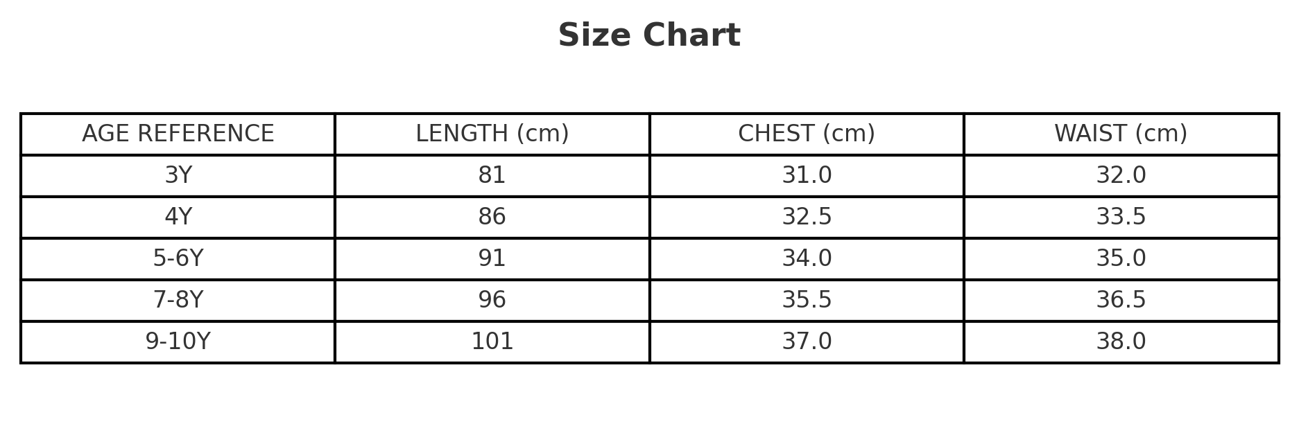 Magical Mermaid princess costume size chart with age, height in cm, US and EU sizes – Magic Tree Kids
