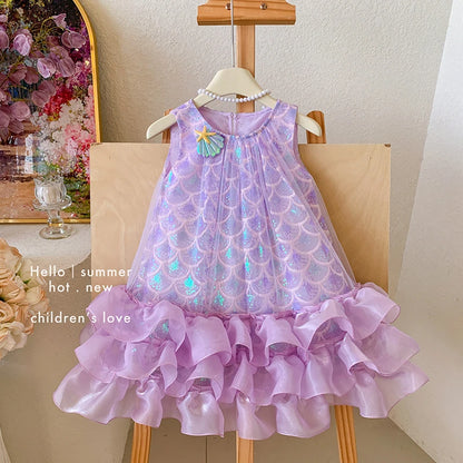 Sleeveless purple sequin mermaid princess dress with shimmering scale print