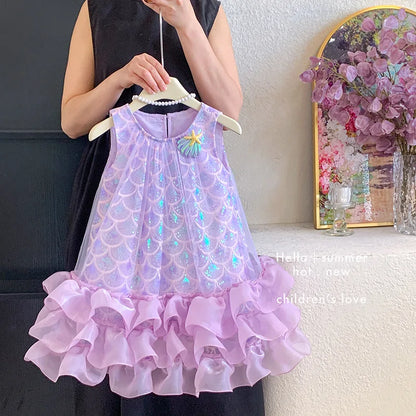 Full view of the elegant purple sleeveless mermaid princess dress for girls