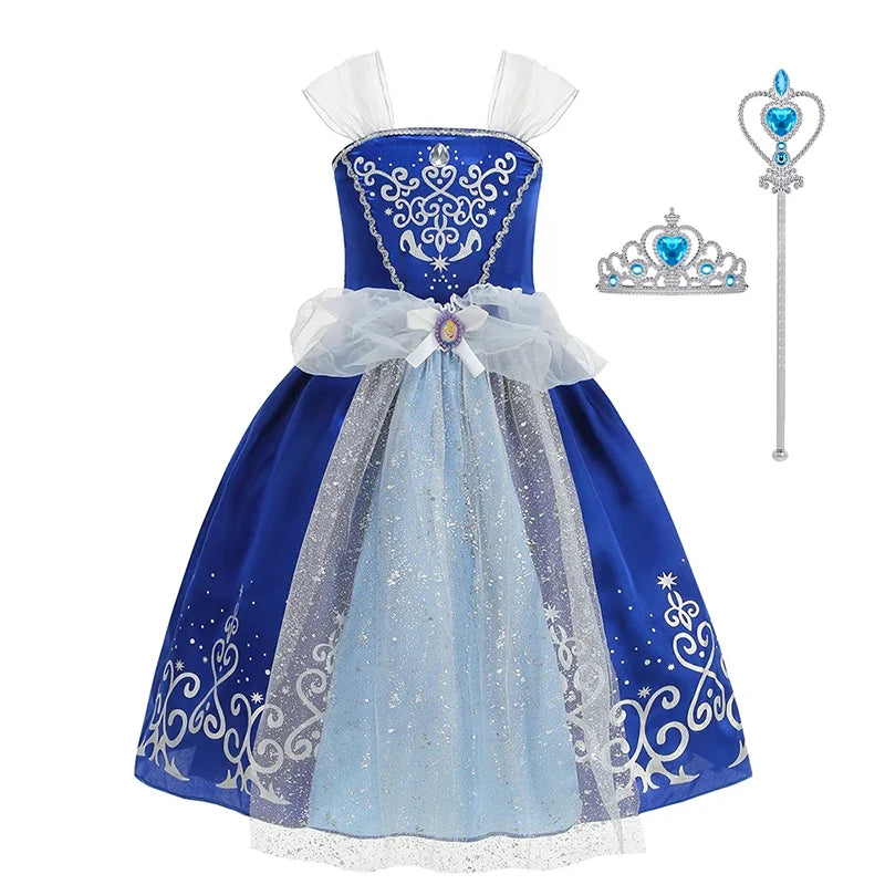 Flowing blue princess gown with silver embroidery hem for girls